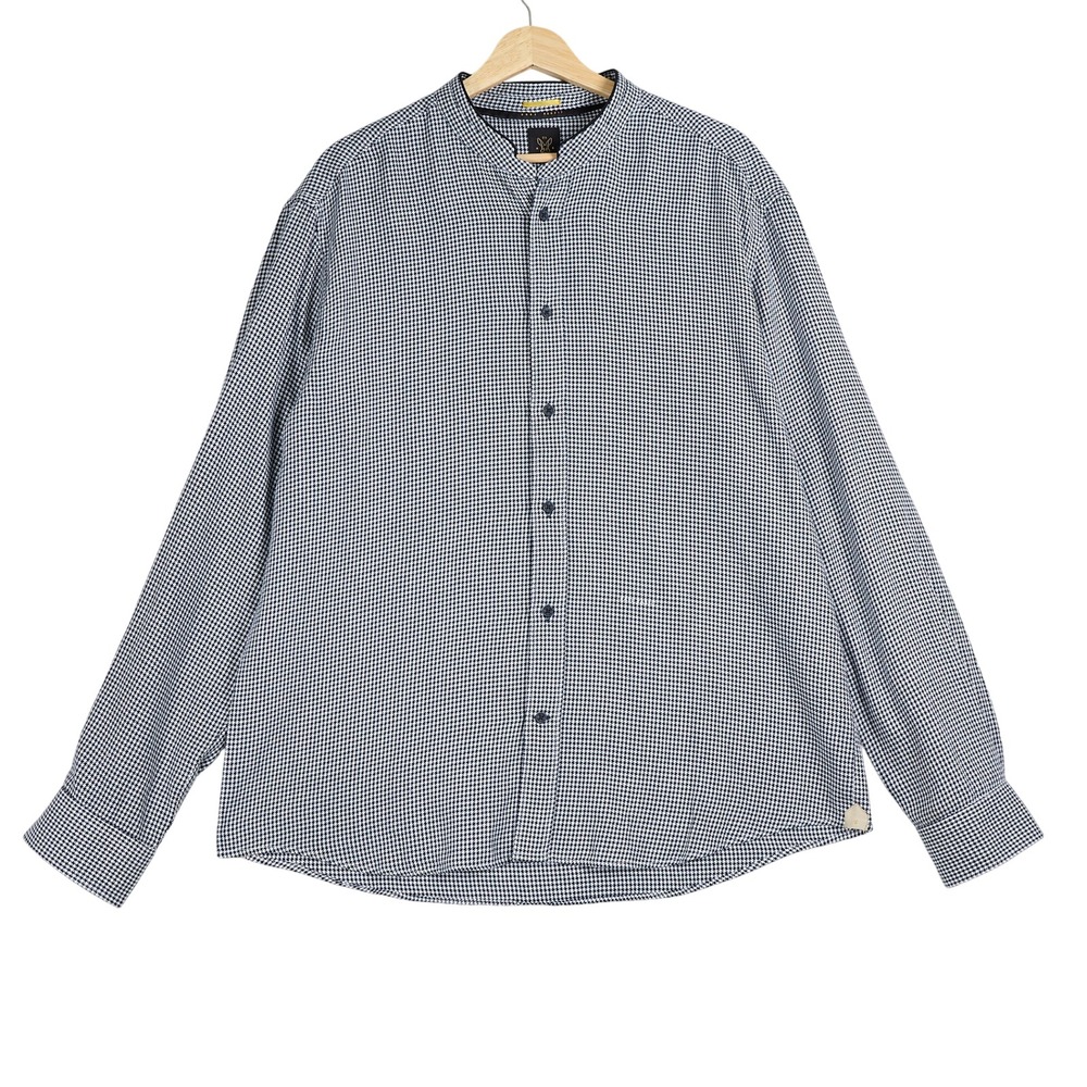 Rare Rabbit Houndstooth Mandarin Collar Cotton Button Down Shirt Navy White XL